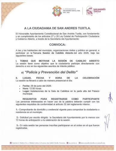 Convocan a la Tercera Sesión de Cabildo Abierto 2026 en San Andrés Tuxtla