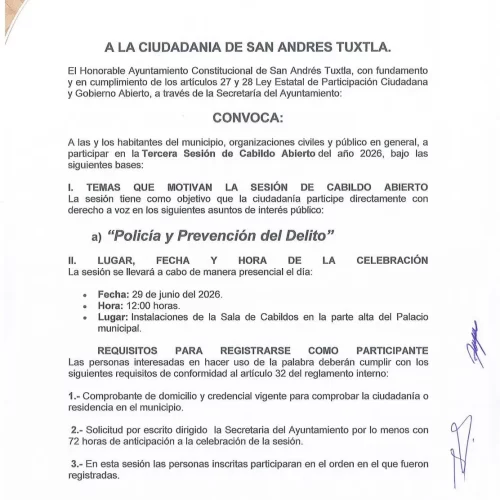 Convocan a la Tercera Sesión de Cabildo Abierto 2026 en San Andrés Tuxtla