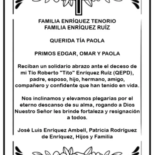 «Con profundo pesar despedimos a nuestro querido Roberto, agradeciendo cada momento compartido, sus enseñanzas y el cariño que dejó en nuestras vidas. Su recuerdo permanecerá siempre en nuestros corazones. Descansa en paz, querido Tito.»