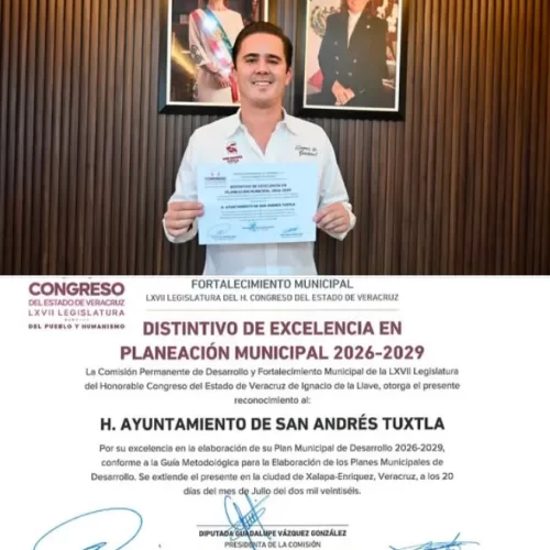 San Andrés Tuxtla recibe Distintivo de Excelencia en Planeación Municipal 2026-2029